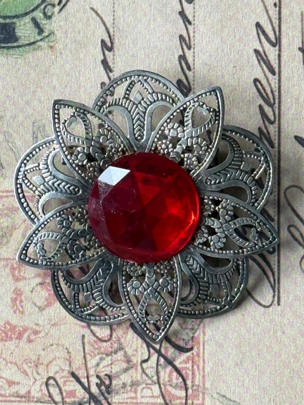 VINTAGE Bohemian Filigree Red Glass Flower Brooch Art Deco MCM